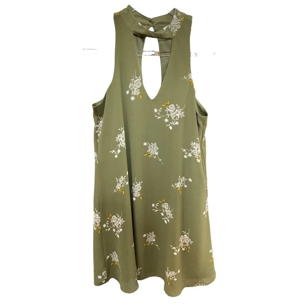 Miami Womens XS Olive Green Floral High Neck Cutout Sleeveless Dress Cottagecore